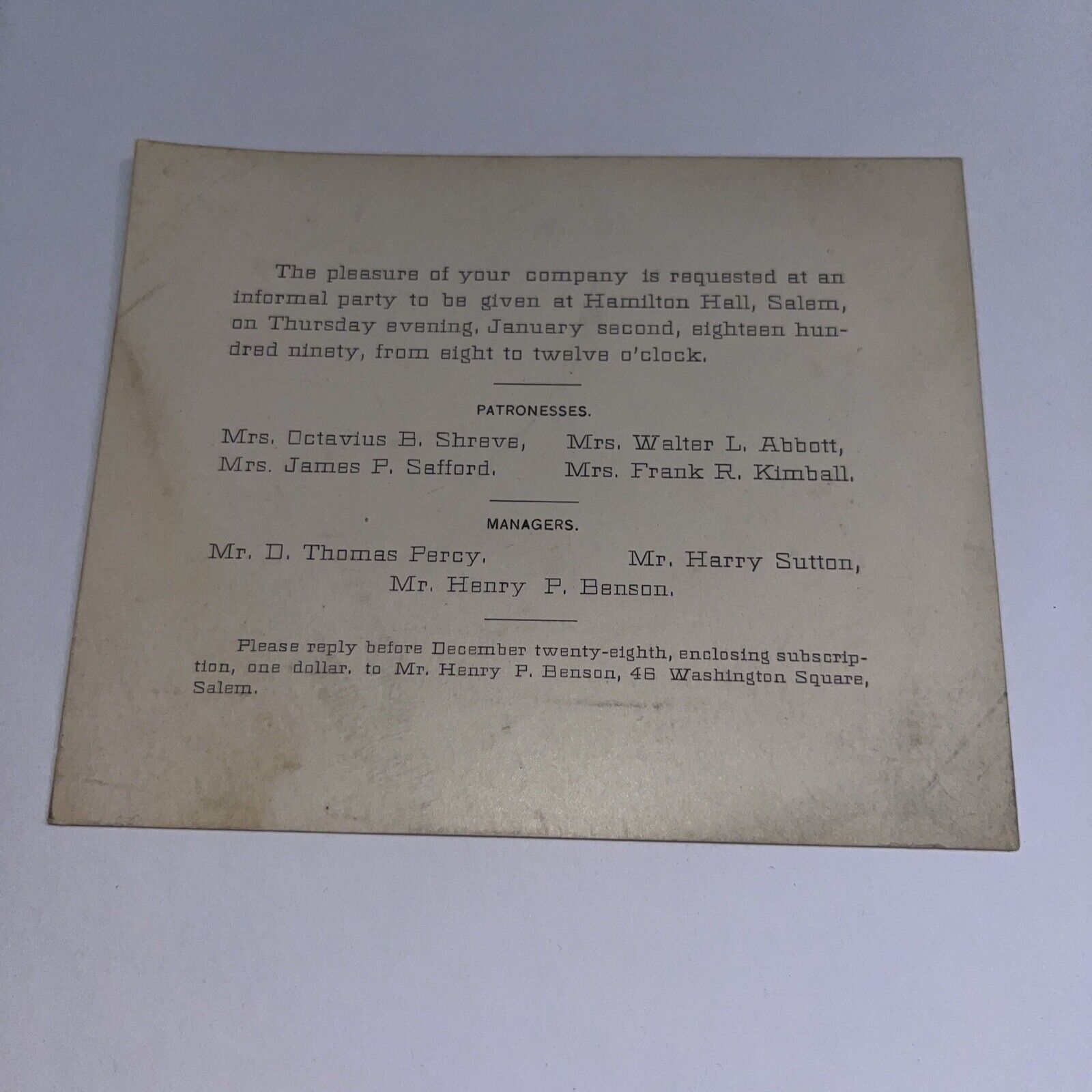 1890 Antique Party Invitation to Hamilton Hall Salem Massachusetts Federalists