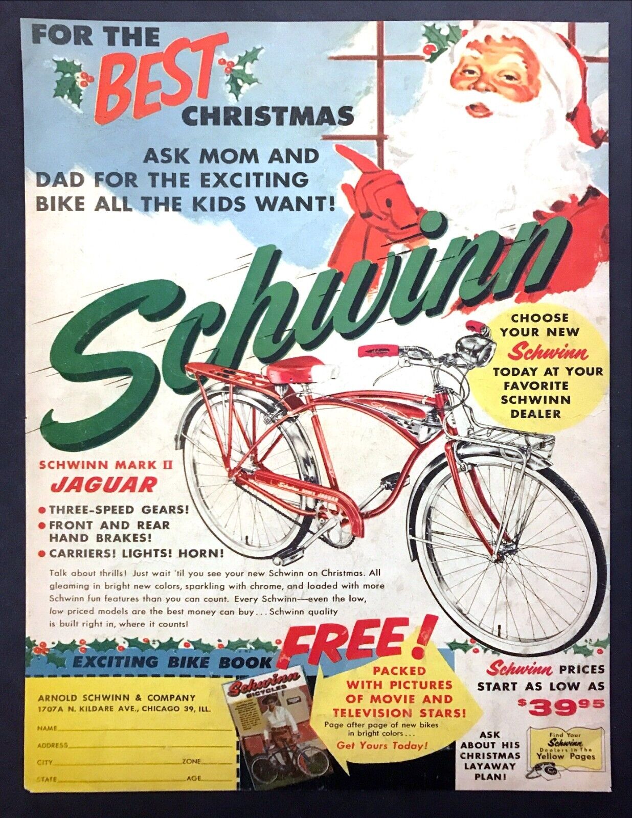 1958 Schwinn Mark II Jaguar Bicycle photo Christmas Santa art vintage print ad