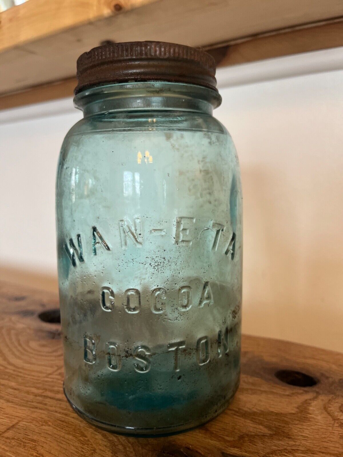 Vintage Wan-Eta Cocoa Boston Aqua Jar C1900-1930