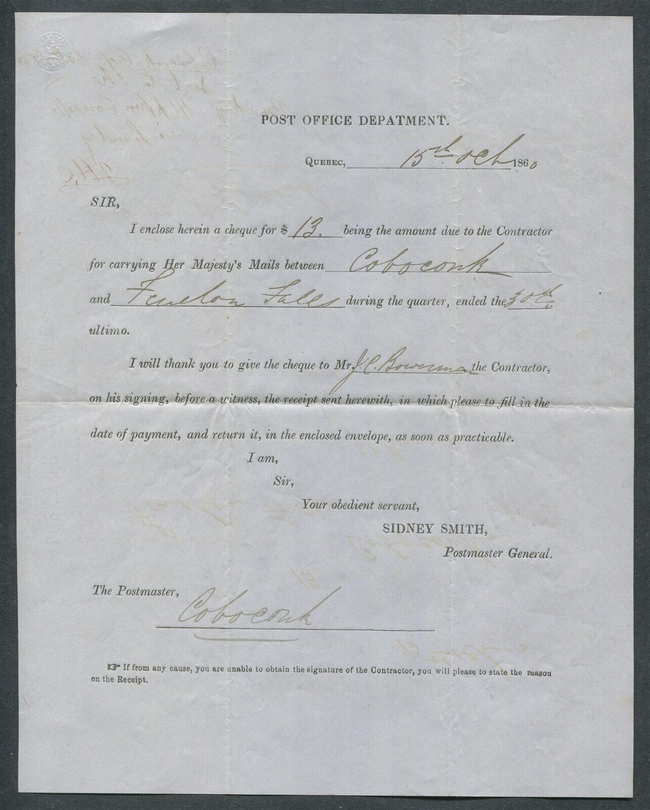 EARLY CANADIAN HISTORICAL DOCUMENT - POST OFFICE DEPARTMENT LETTER