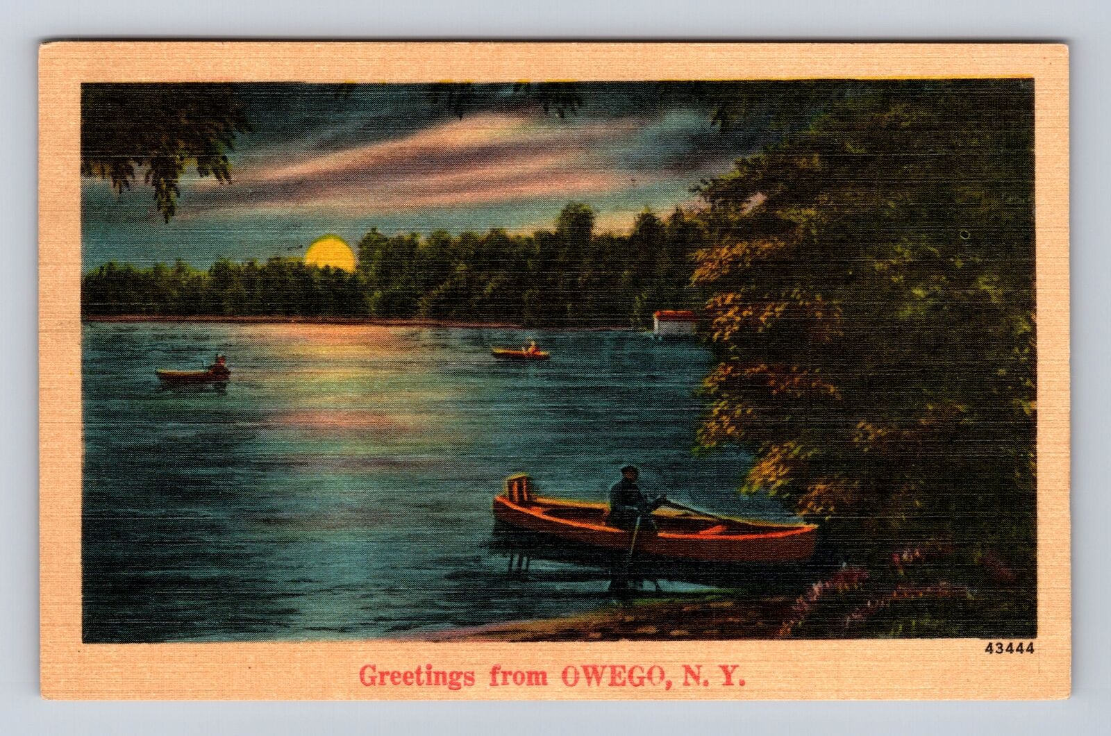 Owego NY-New York, Scenic Greetings, Boating, Moonlight, Vintage c1946 Postcard