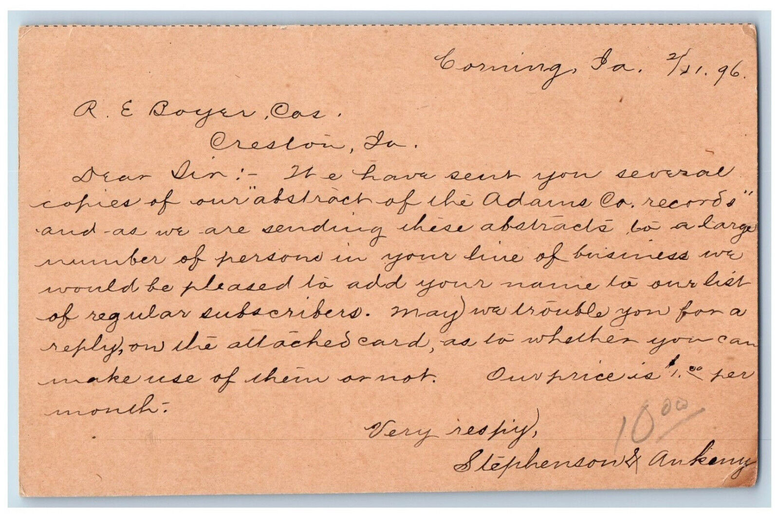 Corning Iowa IA Creston IA Postal Card R.E. Boyer Cas. 1896 Antique Posted