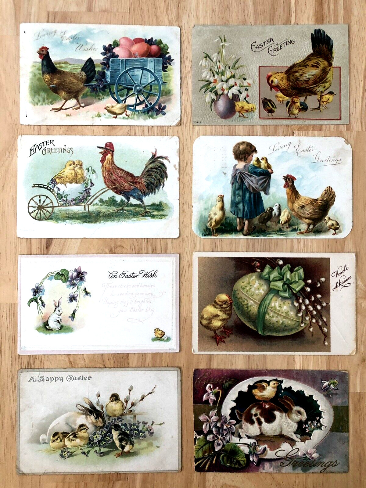 ANTIQUE EARLY 1900s LOT OF 8 EASTER CHICK POSTCARDS - 4 ONE CENT STAMPS