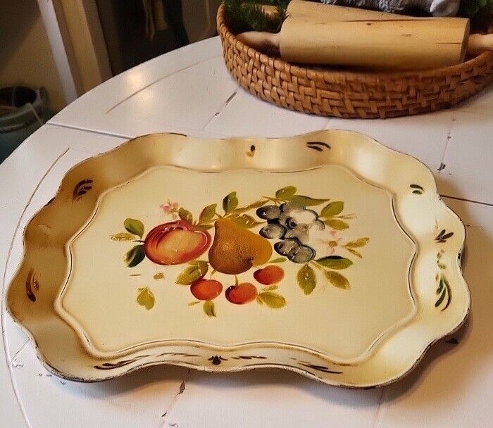 Vintage Large Shabby Chic Handpainted Metal Tray Fruit Rustic 17\