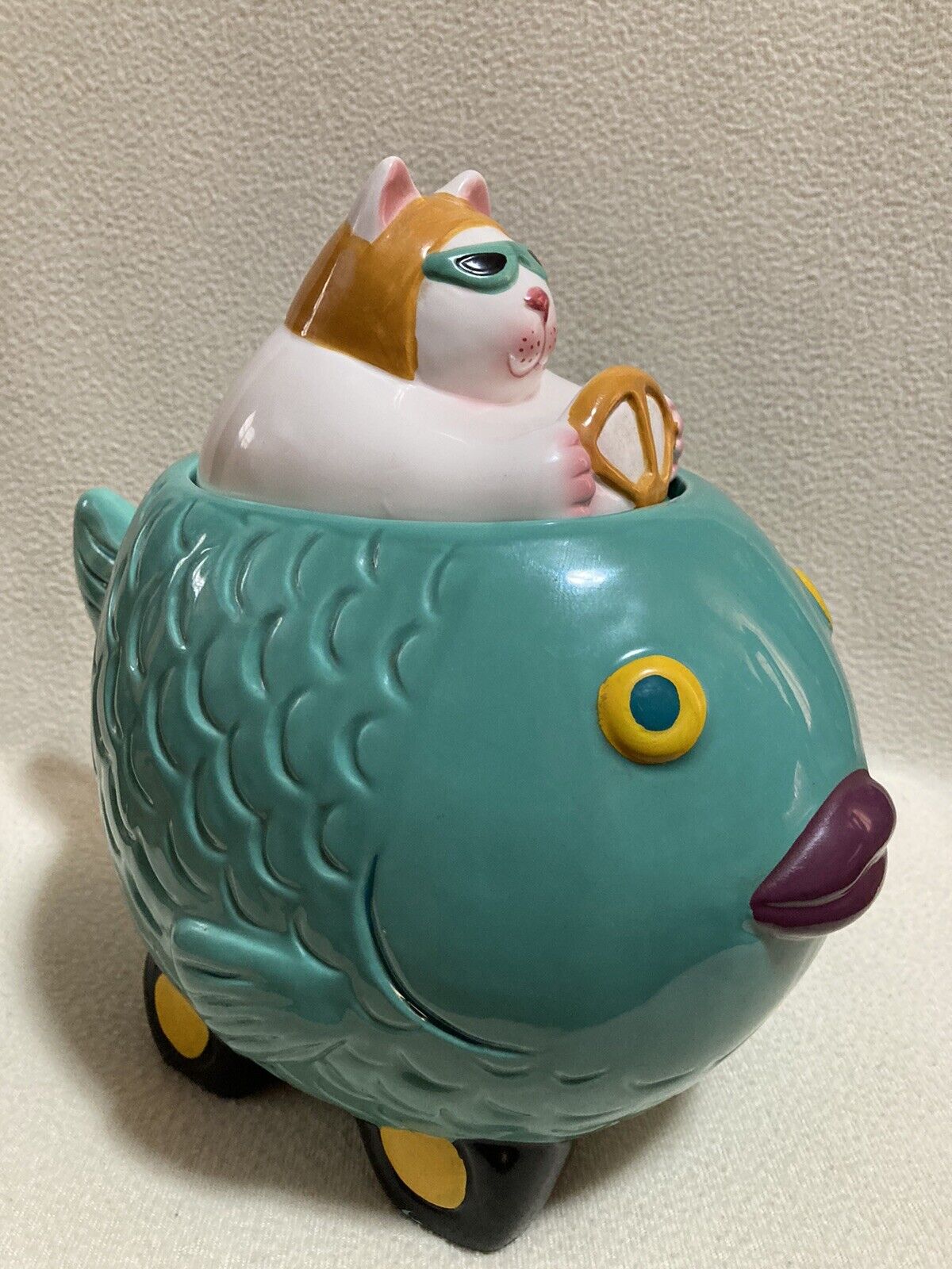 Vintage Cat Driving Fish Race Car Cookie Jar By Clay Art  NICE