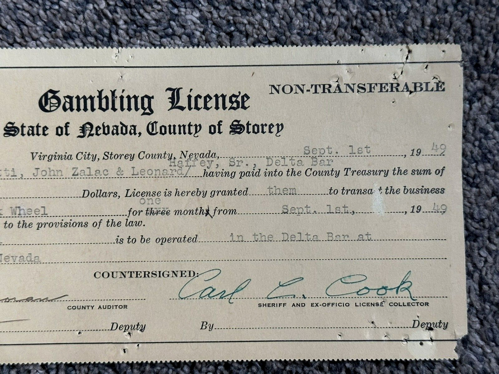 Famous  1949 STOREY COUNTY Gambling License DELTA SALOON Virginia City NEVADA
