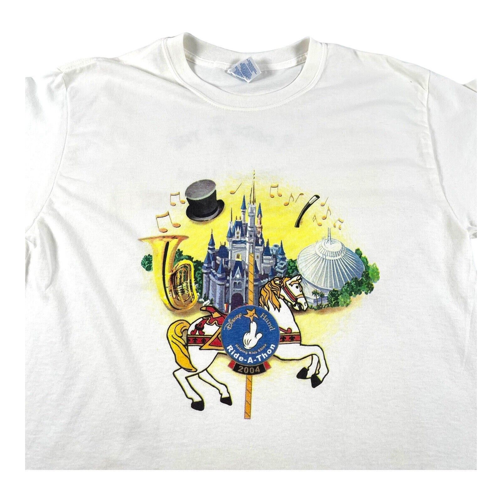 Disney Hand Ride-a-Thon Shirt 2004 Size Large White Magic Kingdom Carrousel VTG