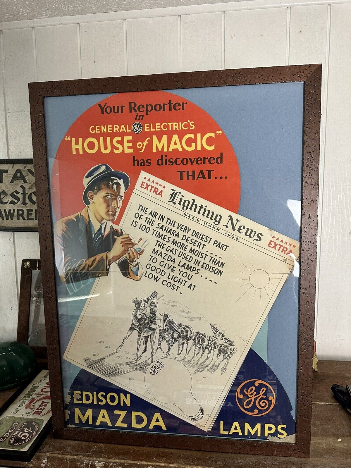 Vintage 1930s Poster General Electric Light Bulb Easel Back Advertising Sign