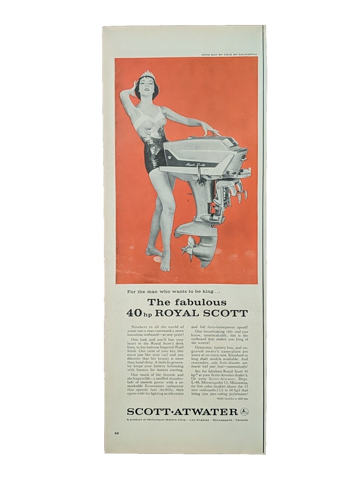 1958 Vintage Scott-Atwater 40hp Royal Scott Outboard Motor, Swimsuit 