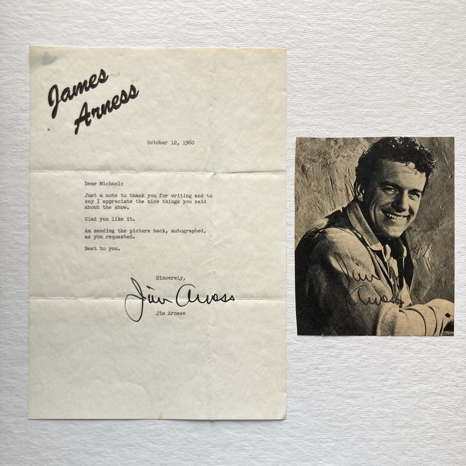 James Arness Autograph letter and paper photo 1960 Gunsmoke How the West Was Won