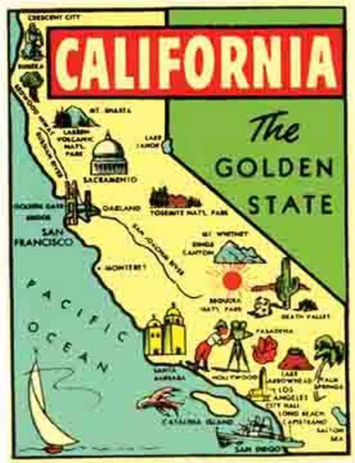 California  Map   Vintage-1950\'s Style   Travel Sticker/Decal