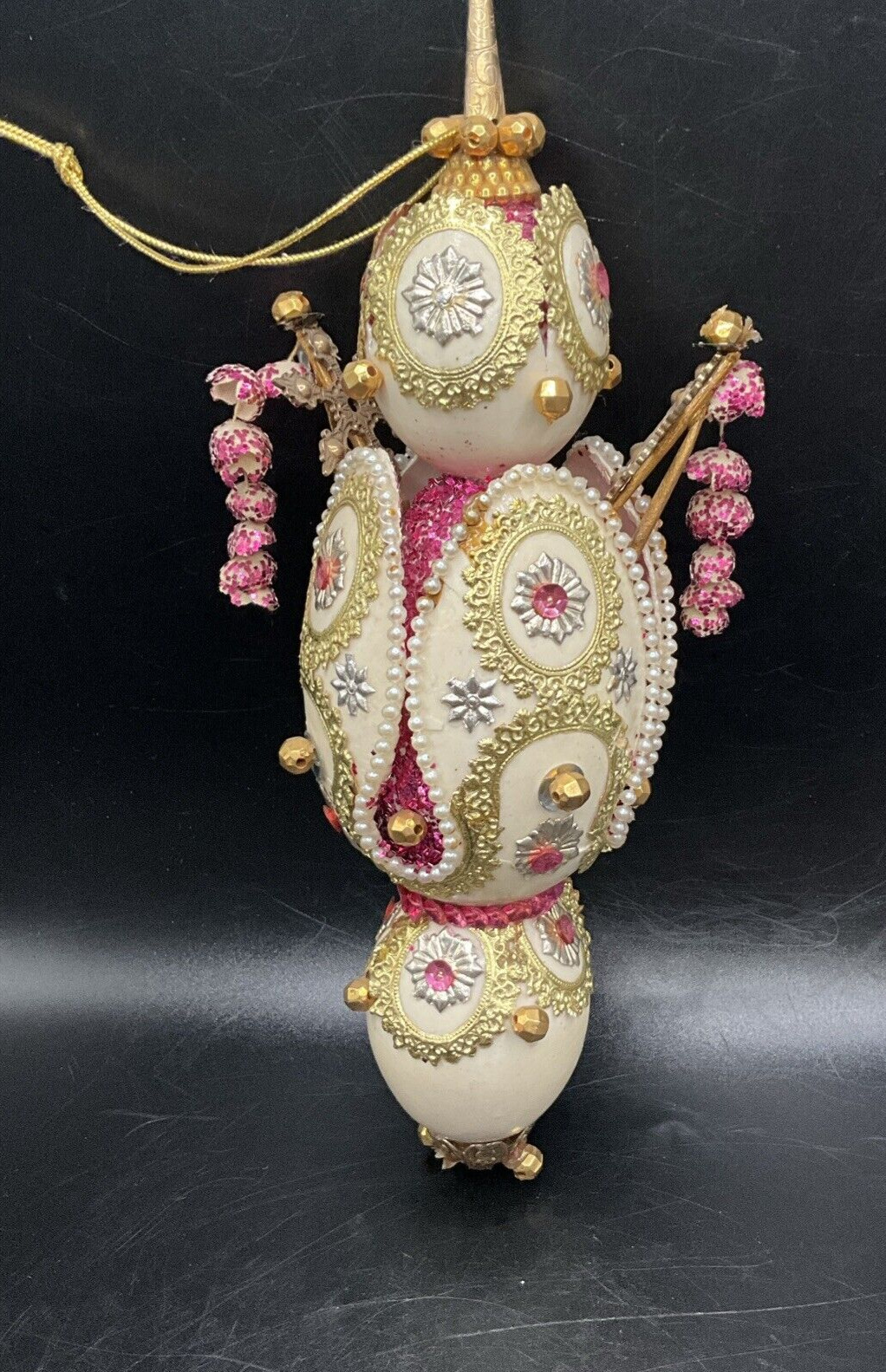 Vintage Hand carved Real Egg 3 tier ornament w dresden embellishments