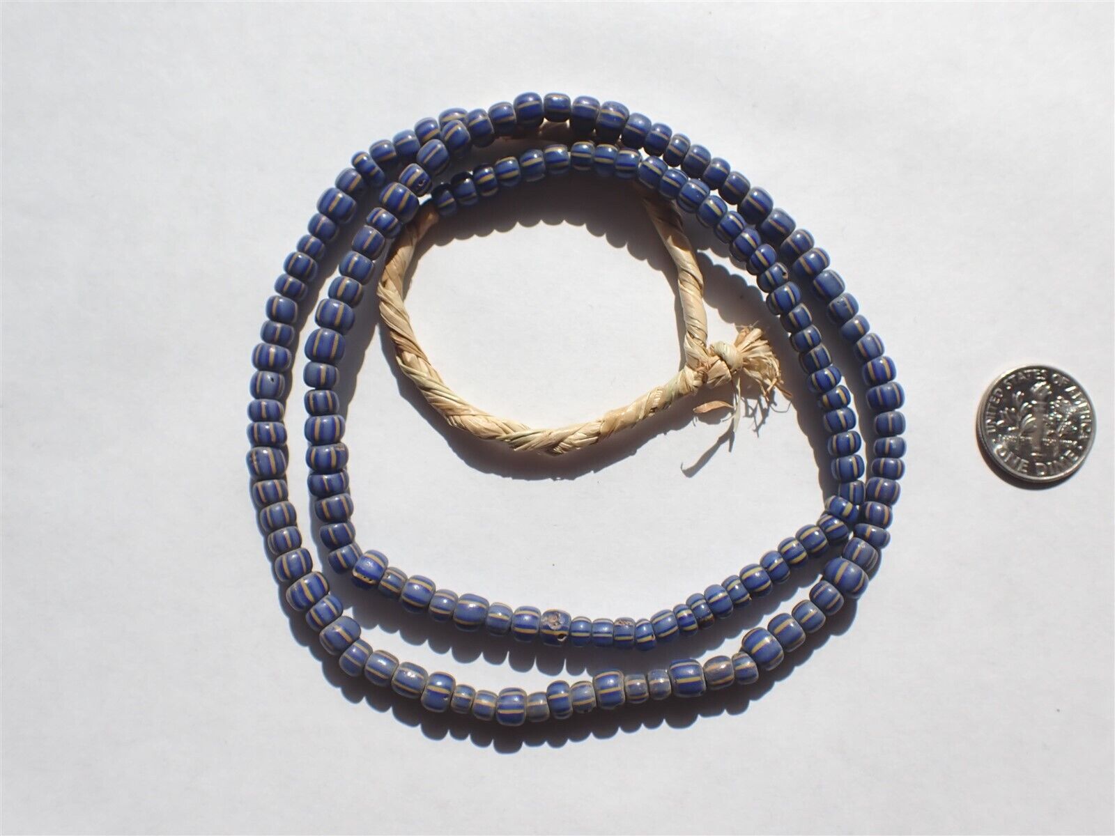 Antique Striped Pony Trade Beads, Blue w Yellow/Cobalt - 5-5.5mm - Strand