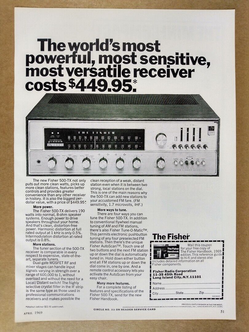 1969 Fisher 500-TX Stereo Receiver vintage print Ad