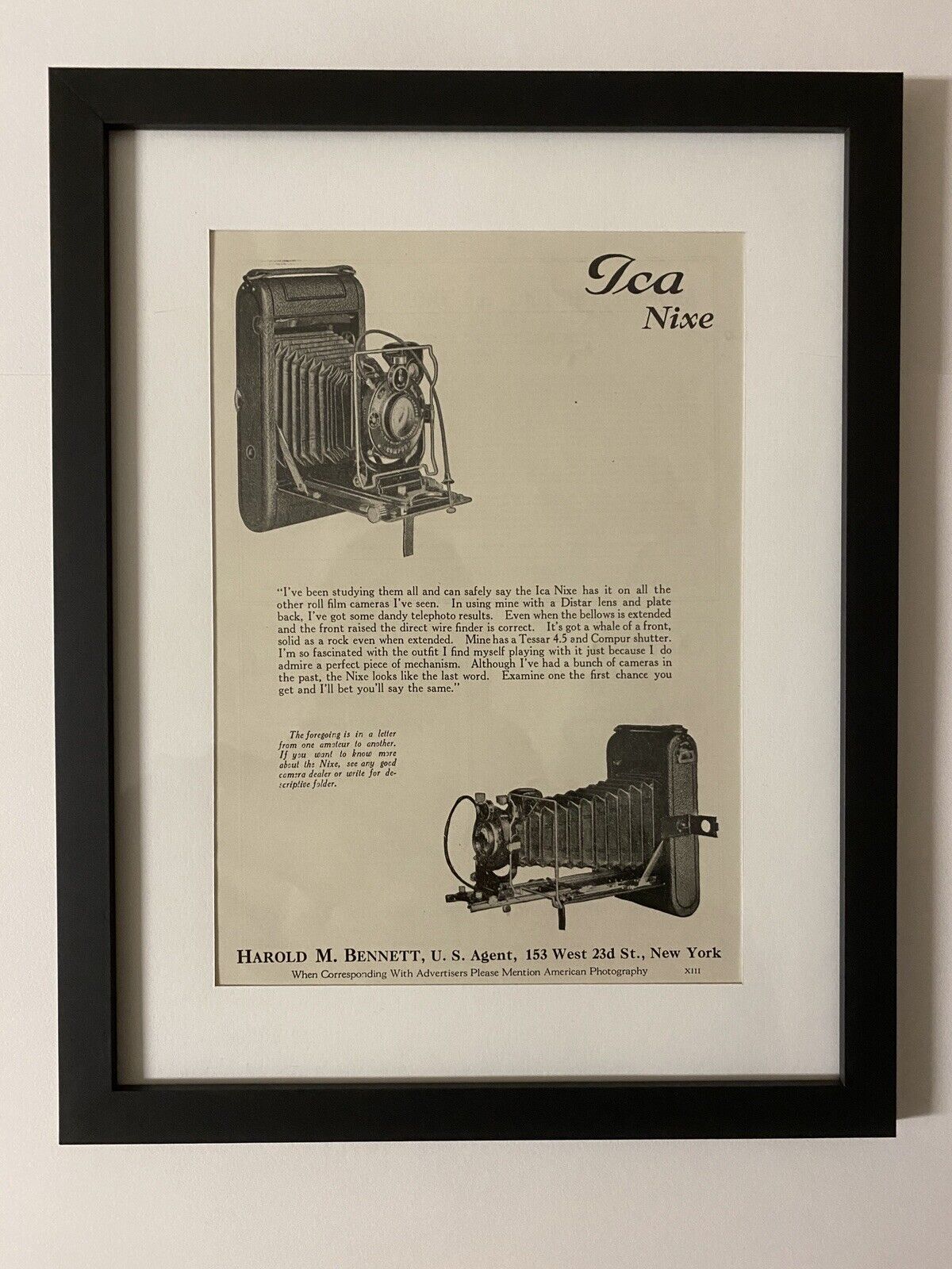1920s Ica Nixe Camera Framed Antique Print Ad