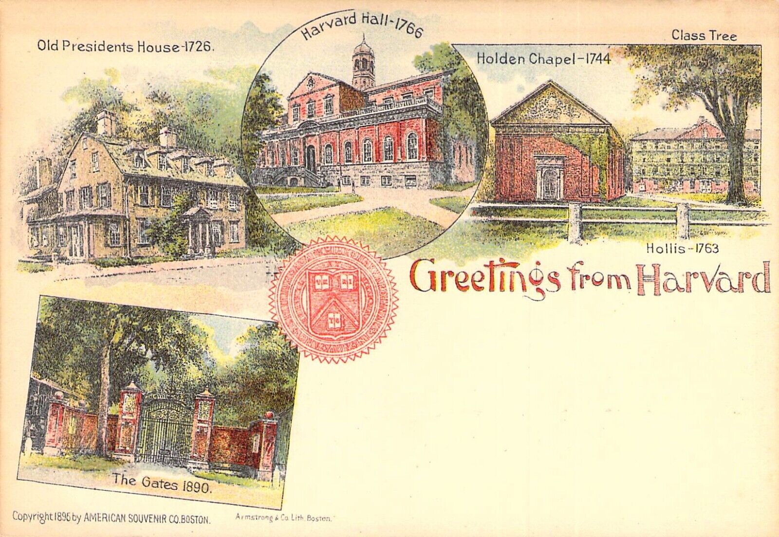 c.1896, Pioneer Era, Am Souv Co, seal, Greetings from Harvard,  Old Postcard