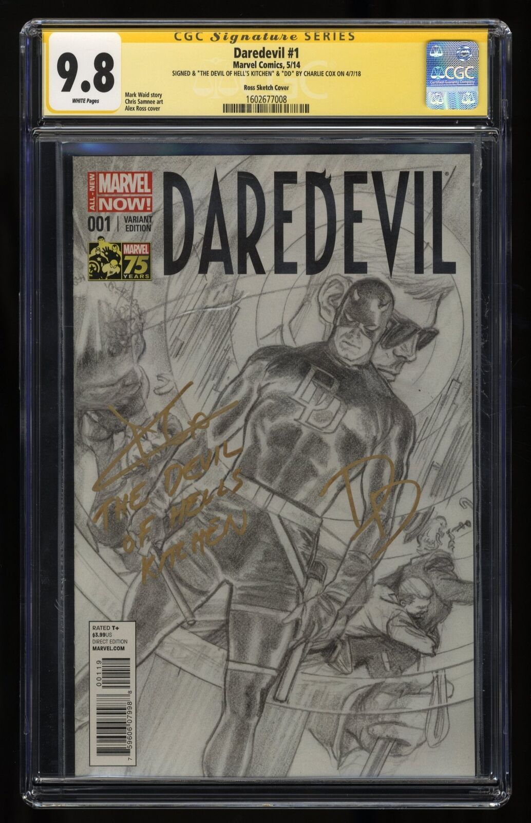 Daredevil (2014) #1 CGC NM/M 9.8 Signed Charlie Cox Ross Sketch Variant