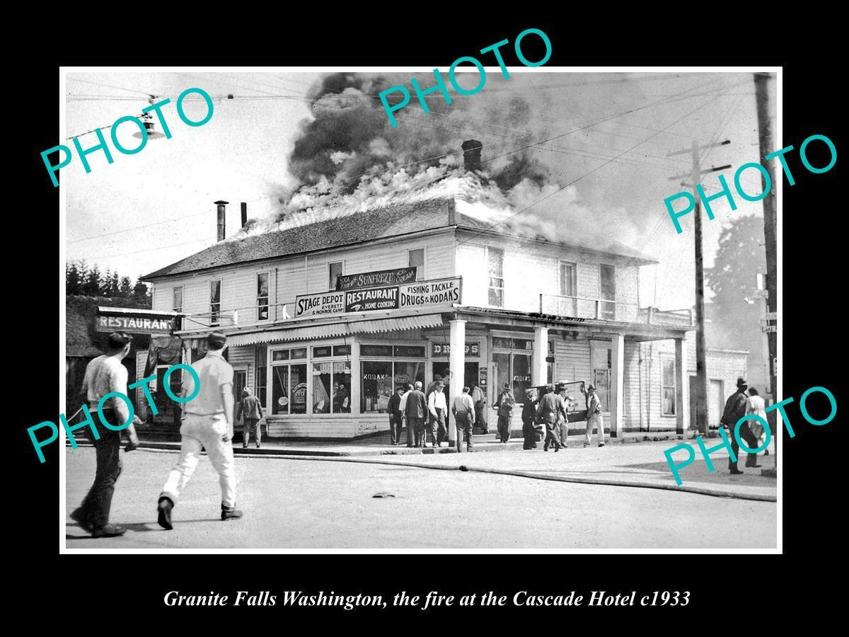 OLD POSTCARD SIZE PHOTO OF GRANITE FALLS WASHINGTON CASCADE HOTEL FIRE c1933