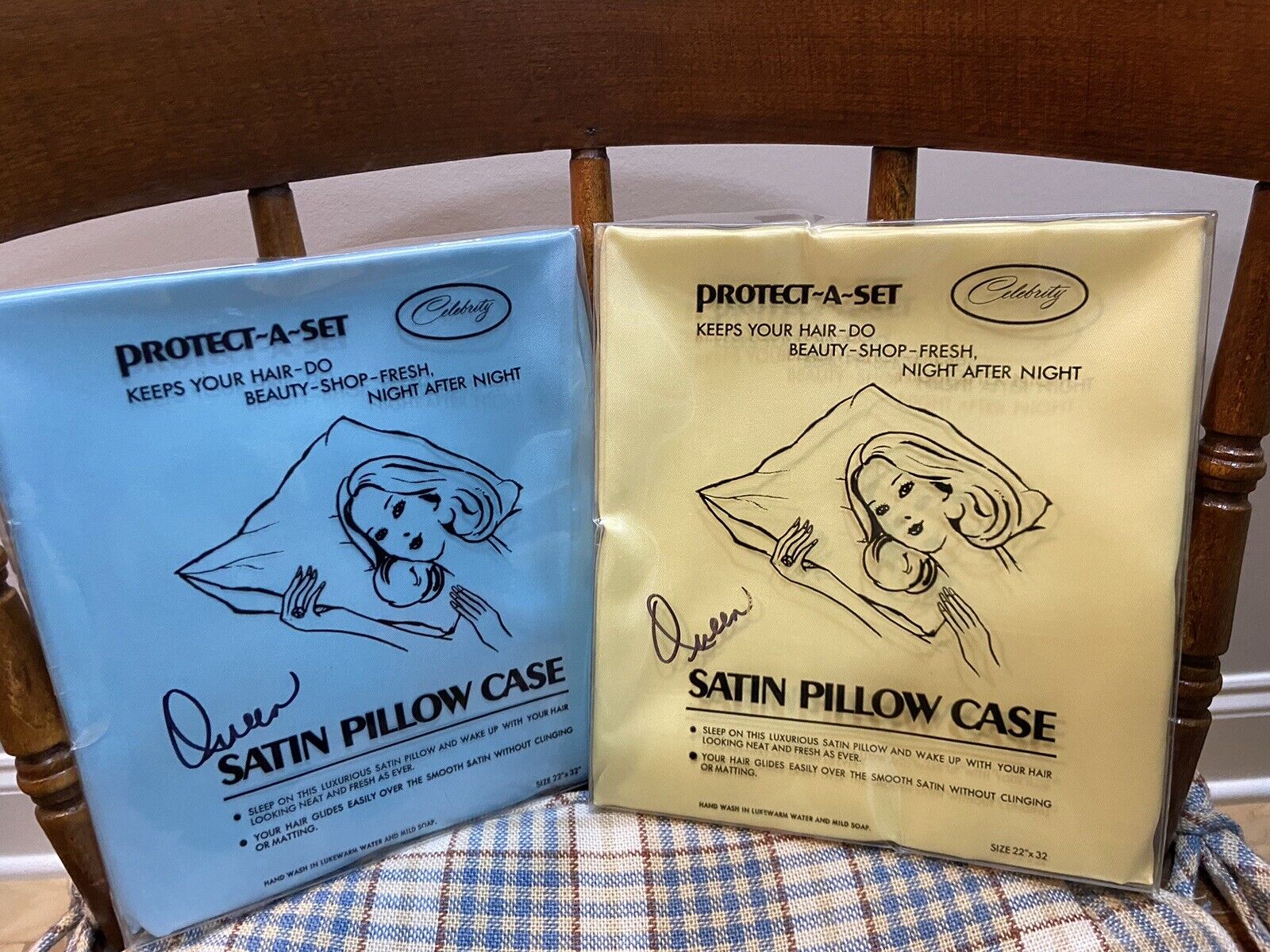 Vintage NOS Satin Pillowcases Pair Blue Yellow Protect A Set Celebrity MCM New