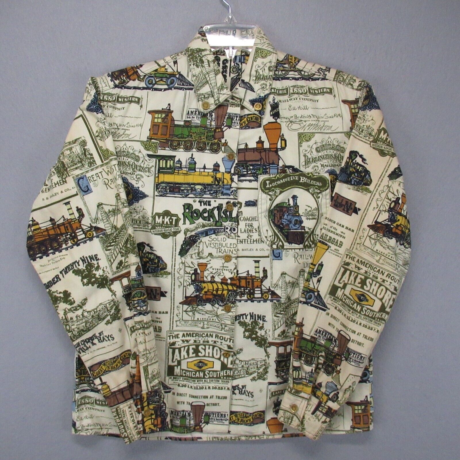 Vintage Train Shirt Adult Large Beige Railroad Locomotive Button Up Custom Mens
