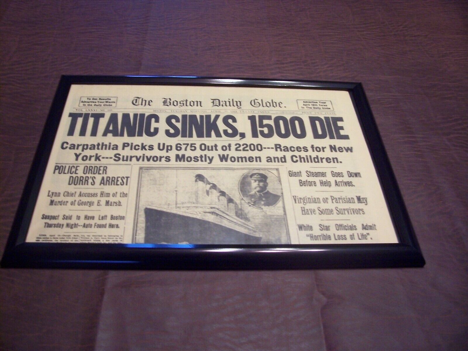 TITANIC NEWSPAPER 1912 Boston Globe/Marsh Murder Story/Ty Cobb Quits Team  