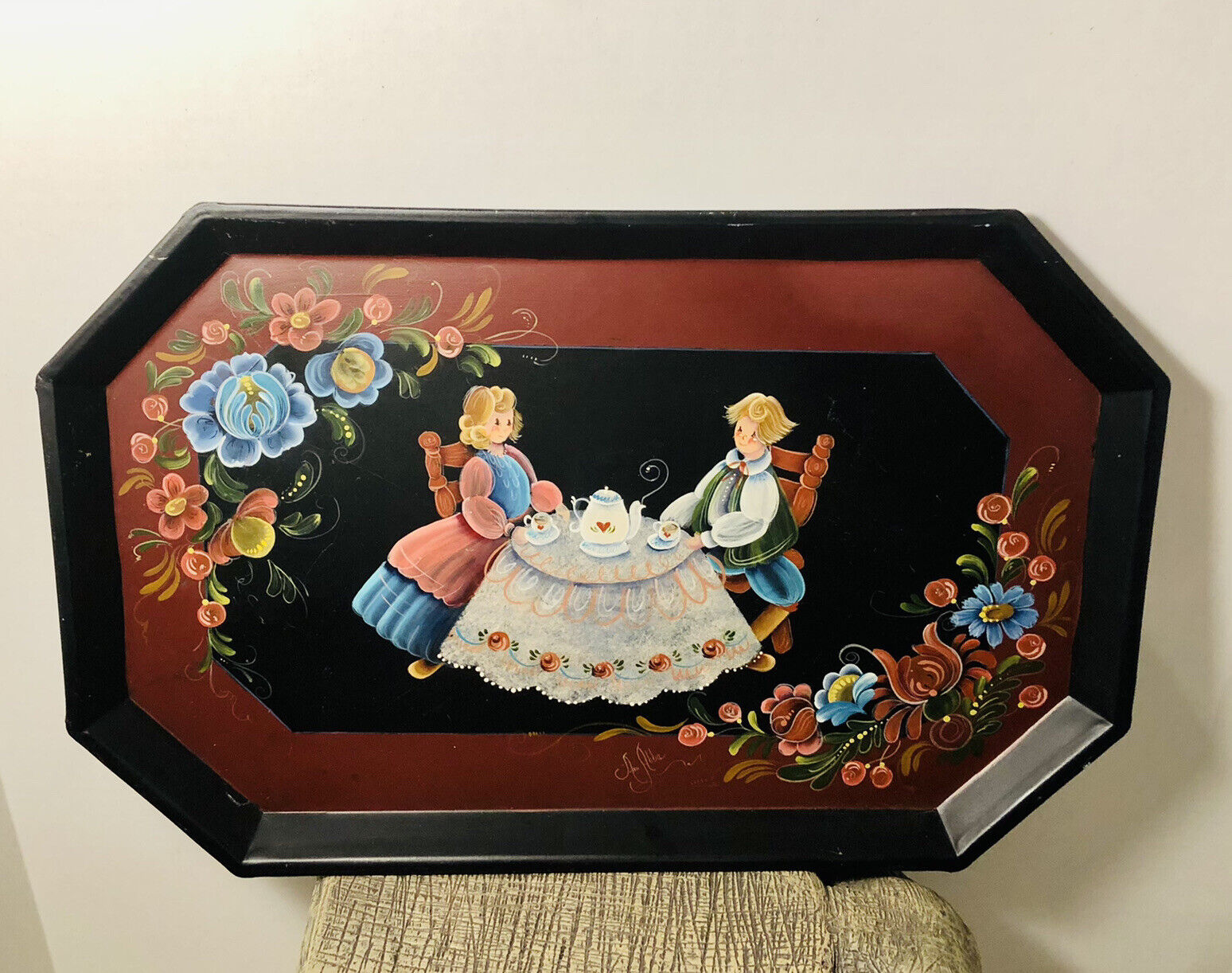 Restored antique￼ Hand Painted  ￼Serving tray 16 x 10 stunning Signed Artwork ￼