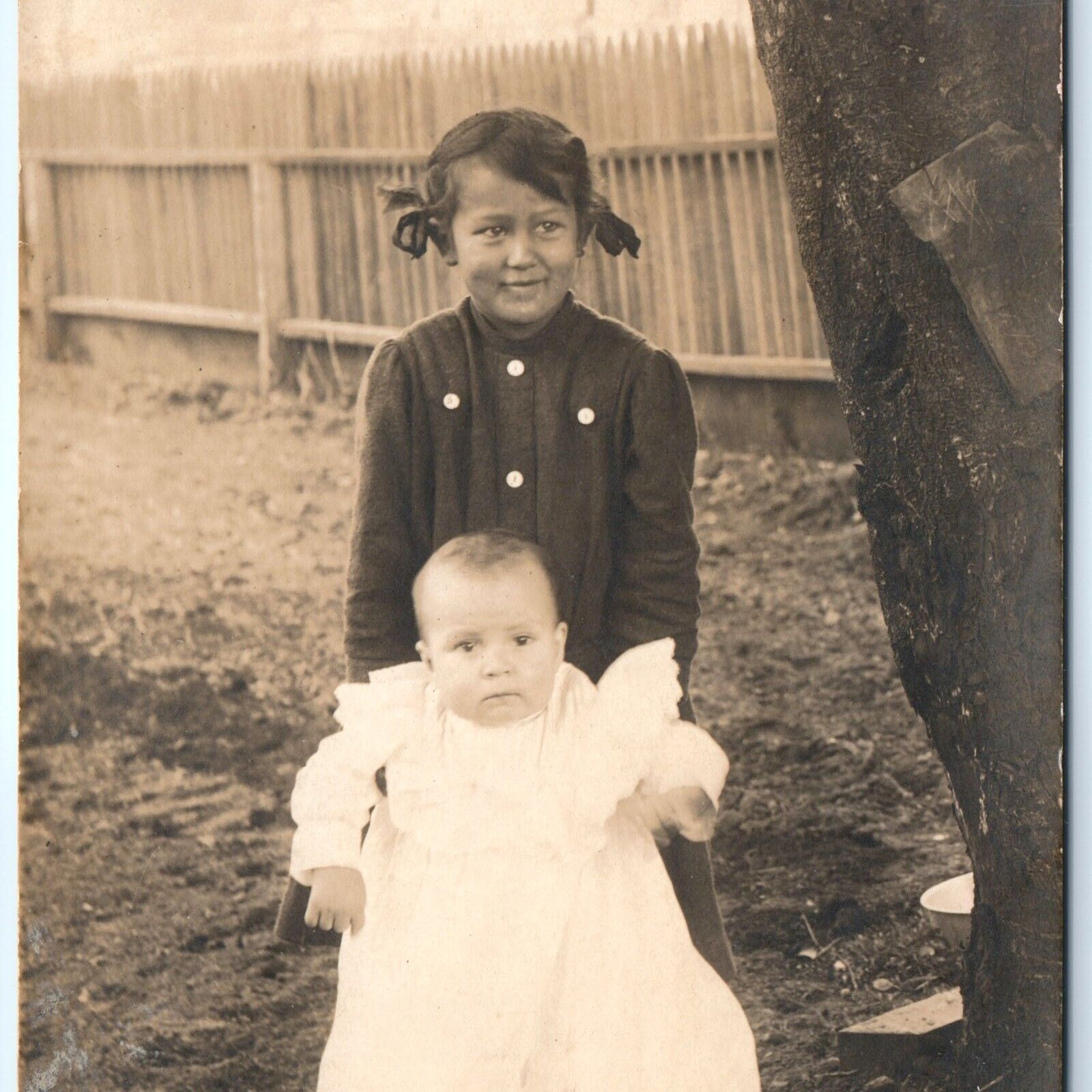 c1910s Cute Little Girl & Baby RPPC Dark Native? Young Lady Kids Real Photo A174