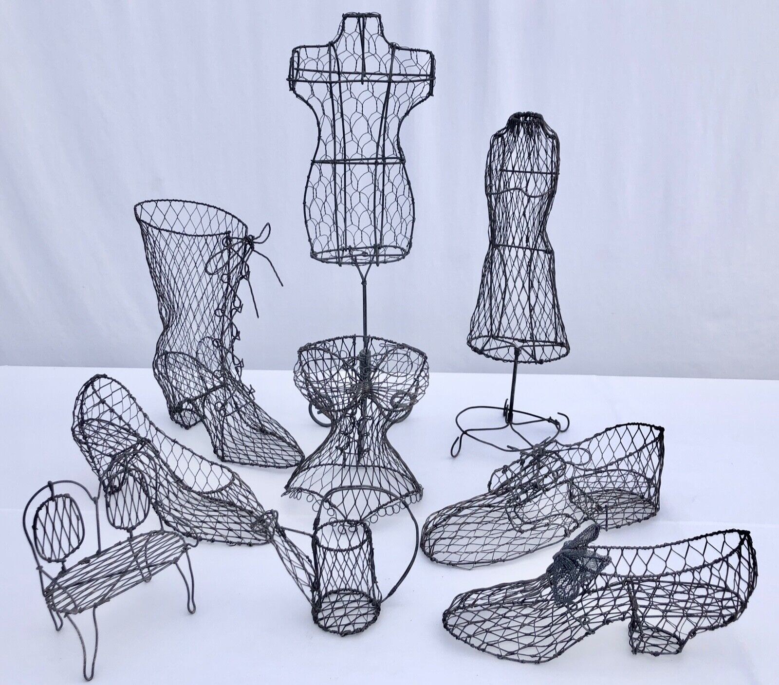 French collectible Collection Chicken Wire Art, 4 shoes, 3 dresses, armchair...