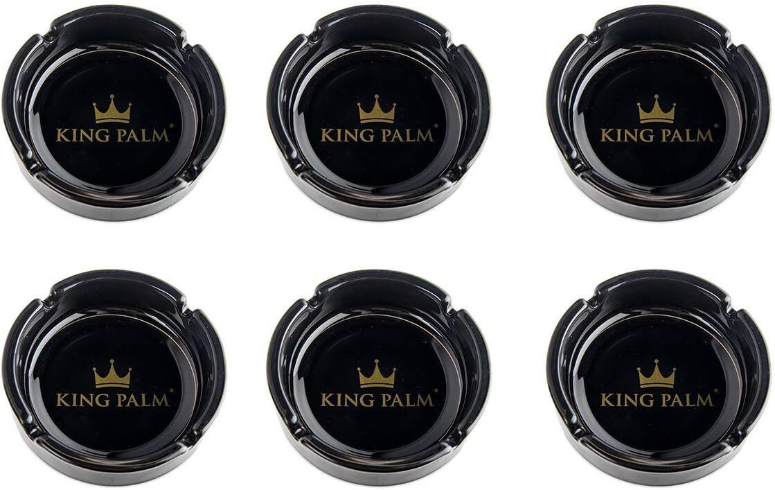 King Palm | Round Glass Ashtray Black | Glass Cigarette Ashtray | 6 Pack Display