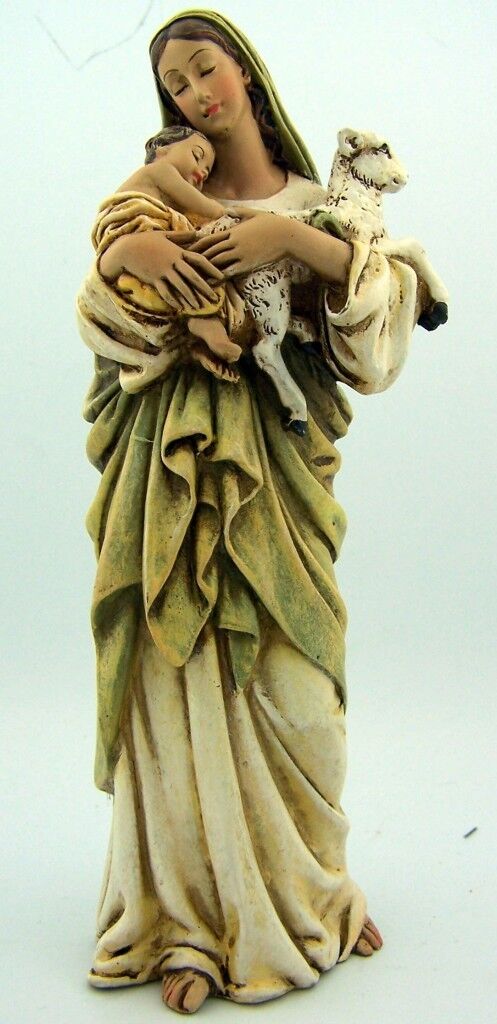 Mother Virgin Mary And Baby Infant Christ Jesus Lamb Statue Protection Figure