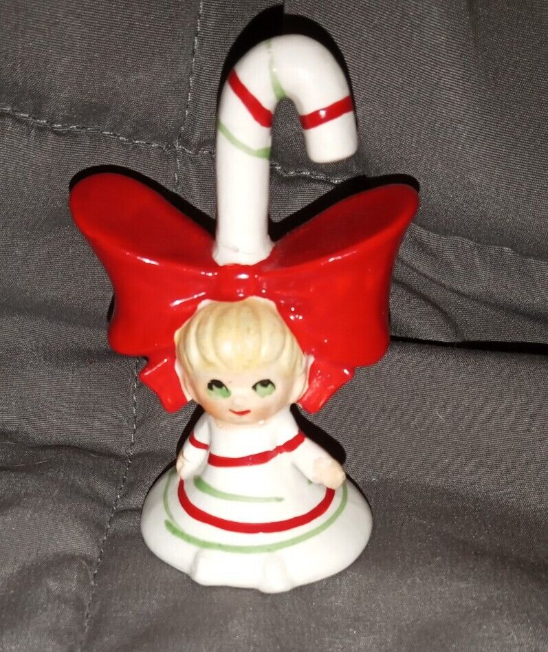Vintage Left on Christmas Candy Cane Girl Figurine Bell With Stripes