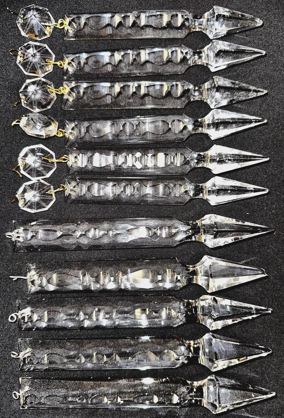 Lot of 11 Vintage Gothic Notched Spear Crystal Prisms (6) 4 7/8