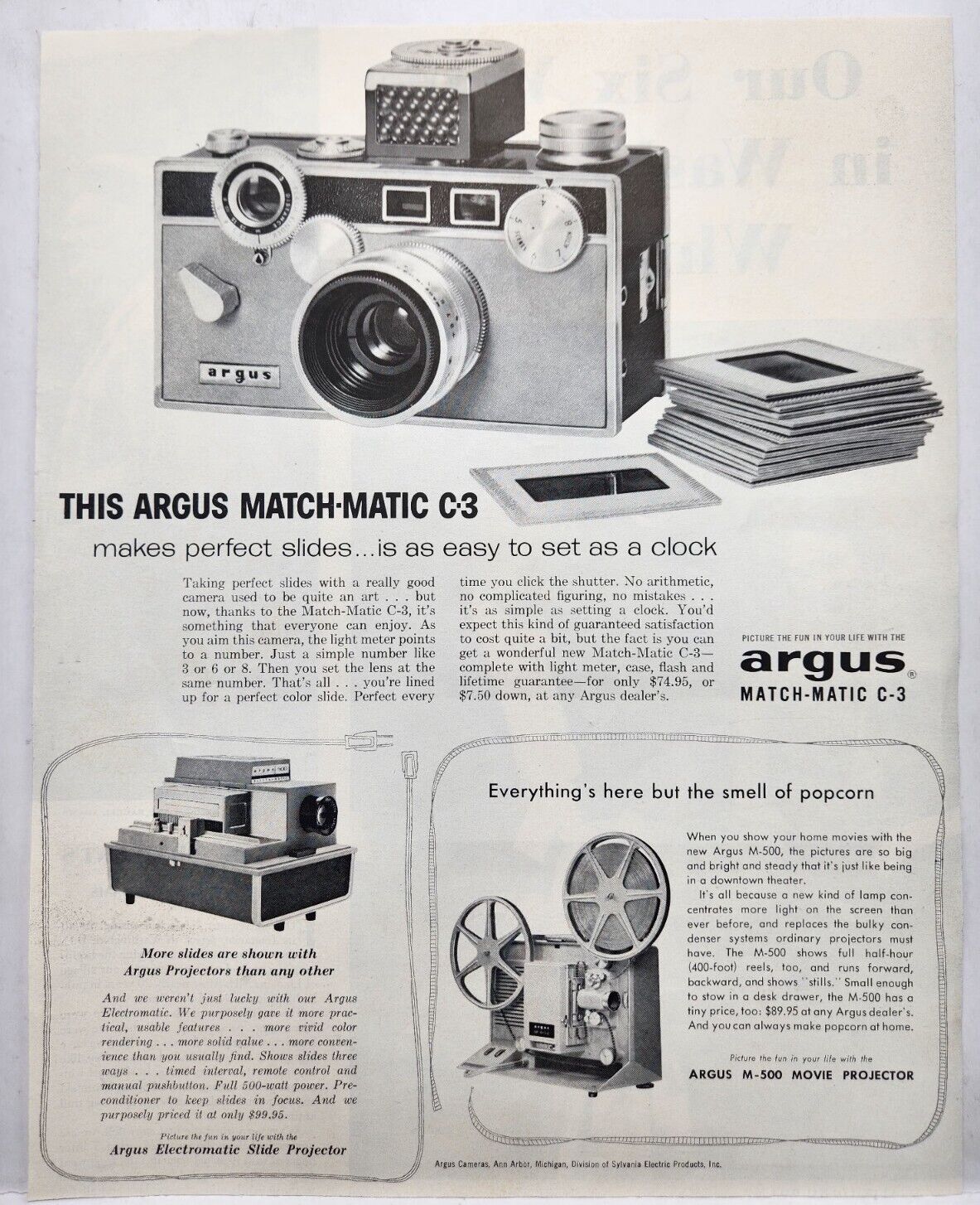 1958 Argus Camera Projector Match-Matic C-3 Slide Movie Vtg Print Ad Man Cave