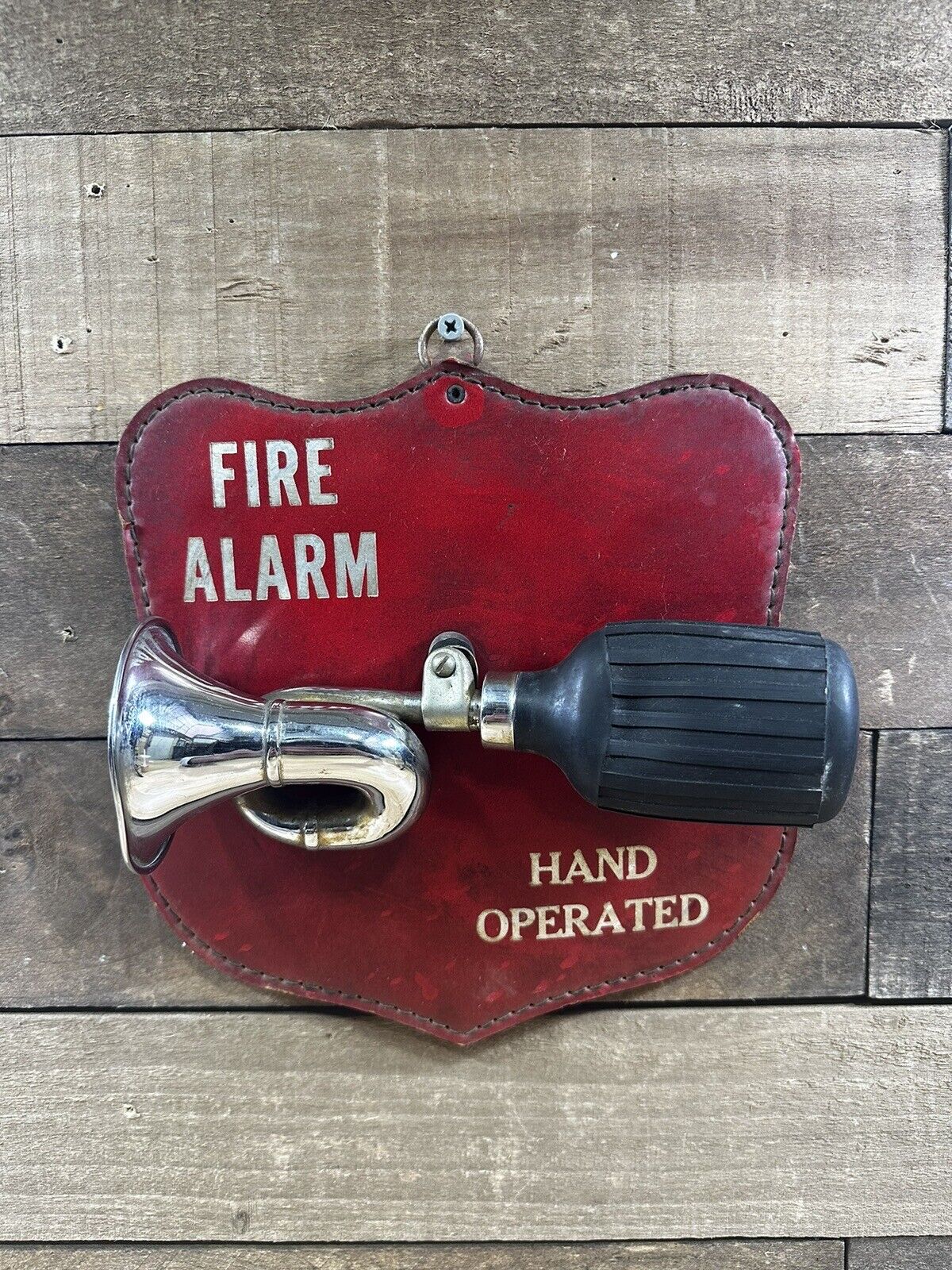 Vintage “Hand Operated” Fire Alarm “Crown Metal Bicycle Horn Mounted On A Shield
