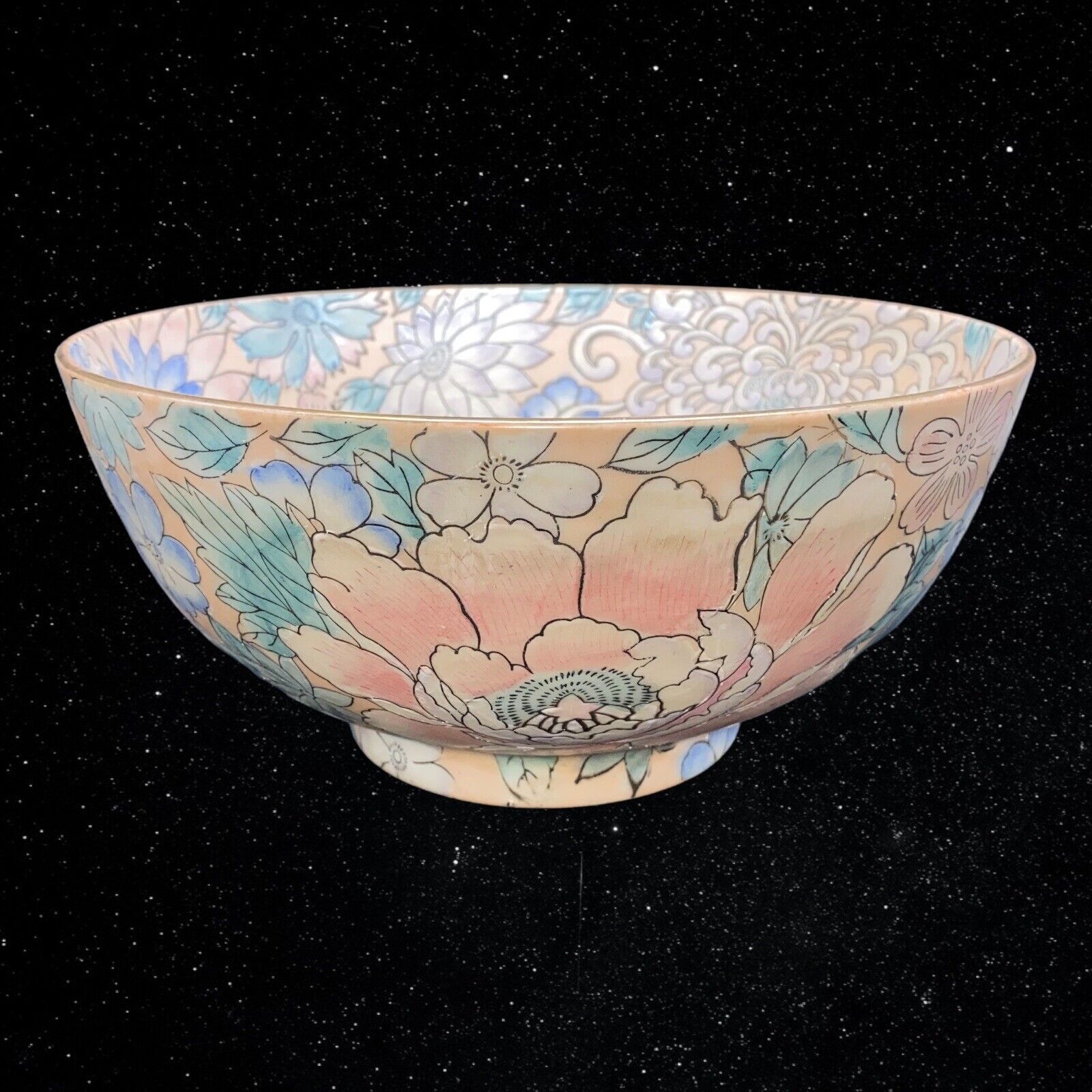 Asian Pastel Colors Centerpiece Large Chinoiserie Floral Bowl 4.5”T 10”W