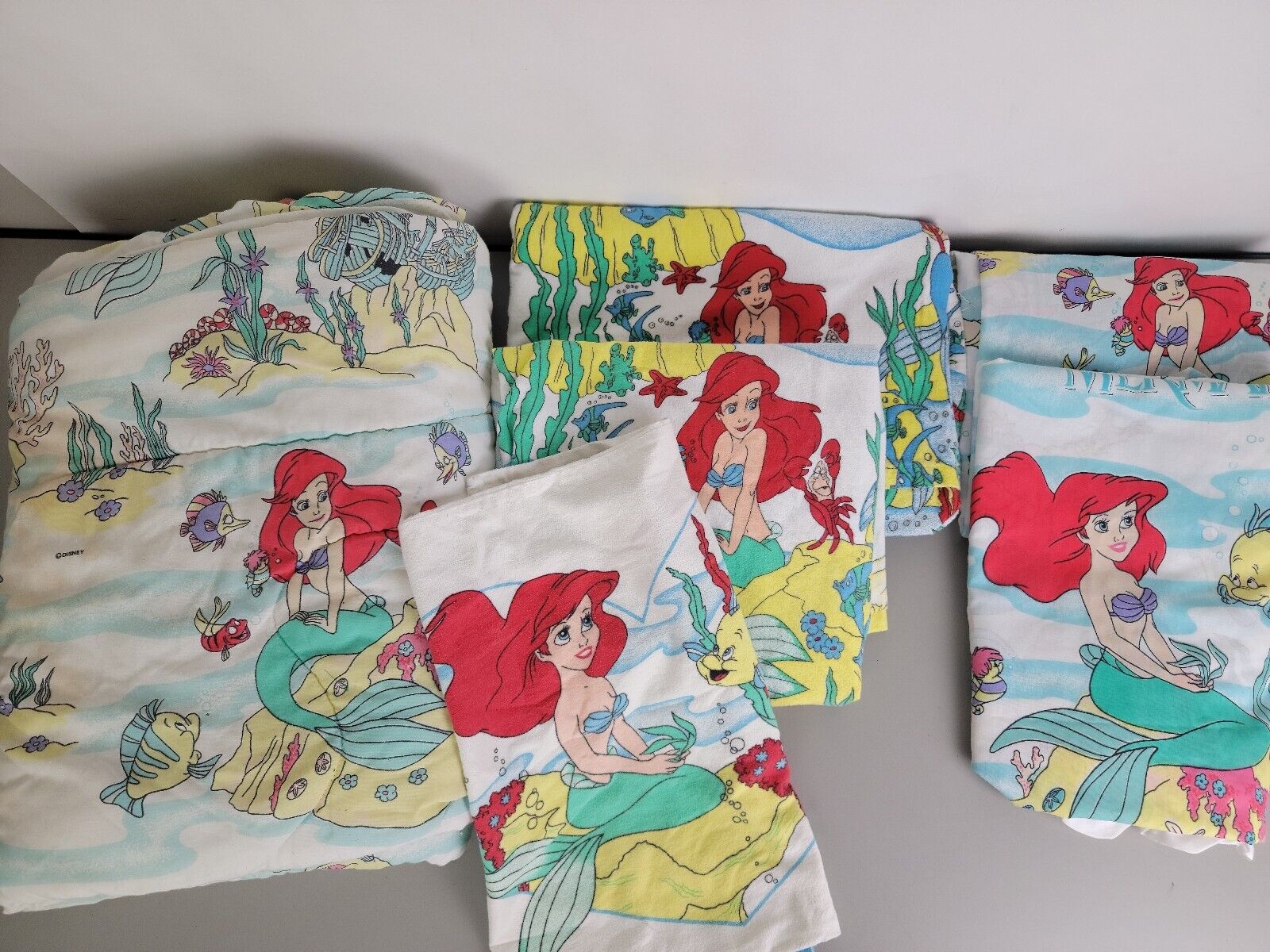 Disney The Little Mermaid Twin Comforter Flat Fitted Sheets Pillowcase Curtains 