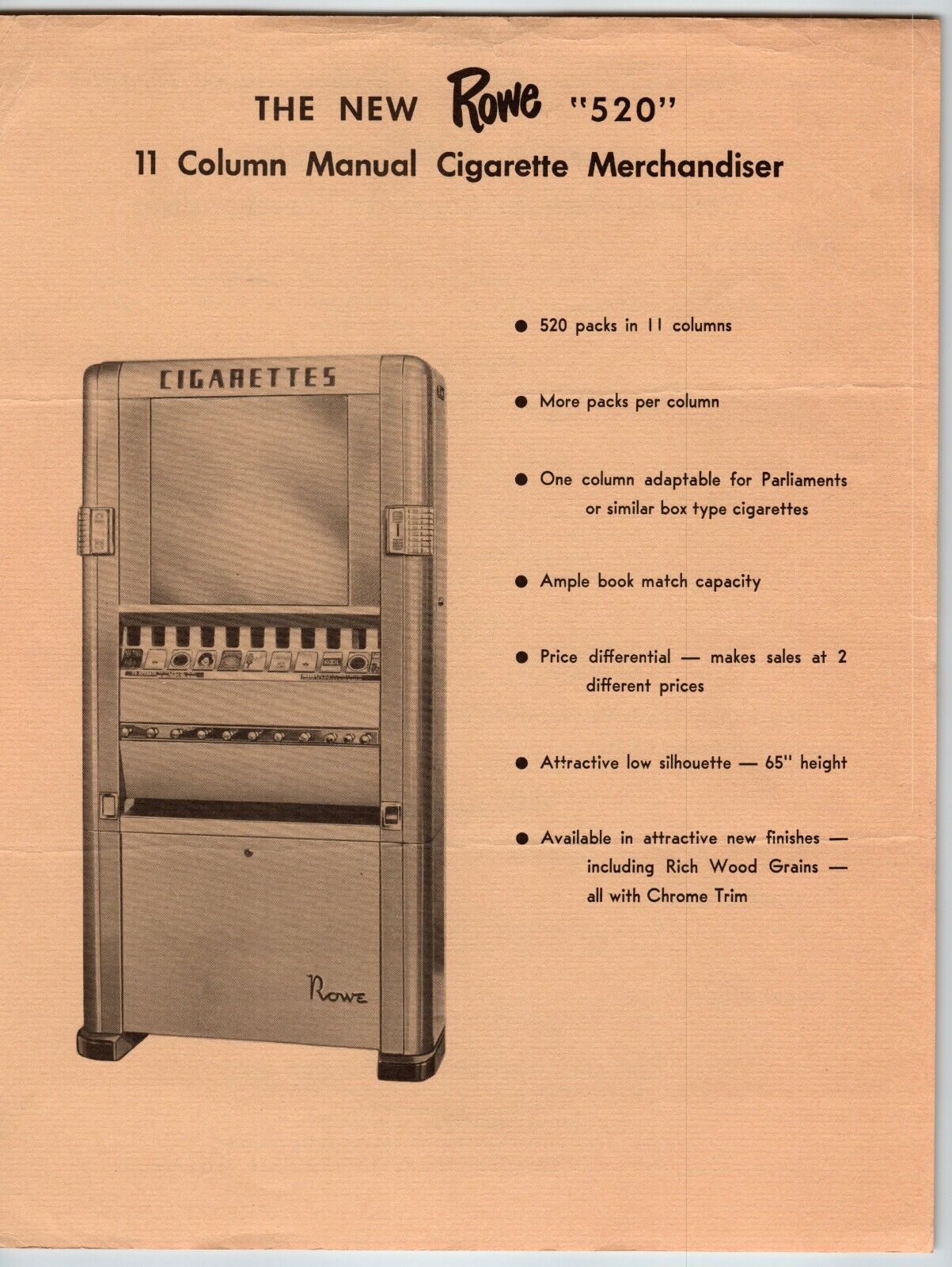 Rowe Model 520 Cigarette Vending Machine Flyer 1953 Promo Art 8.5\