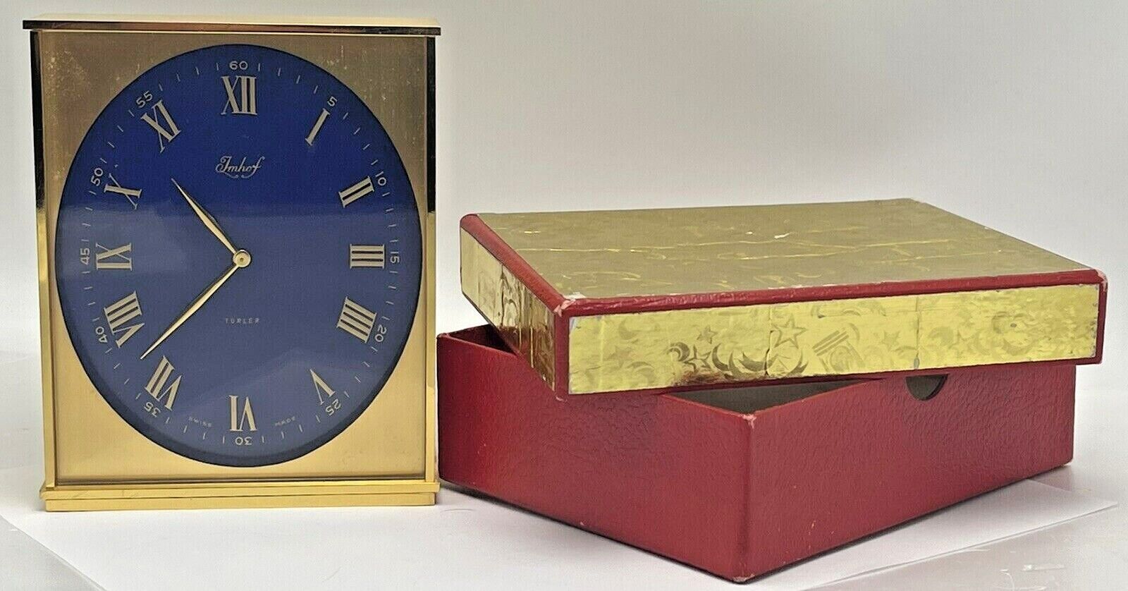 Vintage Imhof Swiss Made Turler Mantel Clock Brass Cobalt Blue Original Box