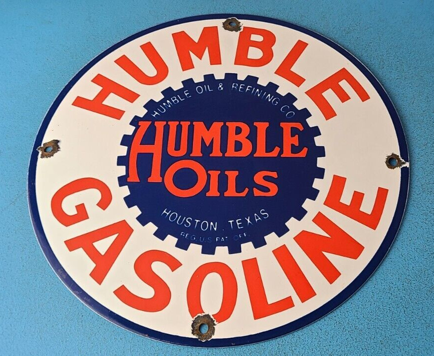 Vintage Humble Gasoline Sign - Gas Motor Oil Pump Porcelain Sign - Houston Texas