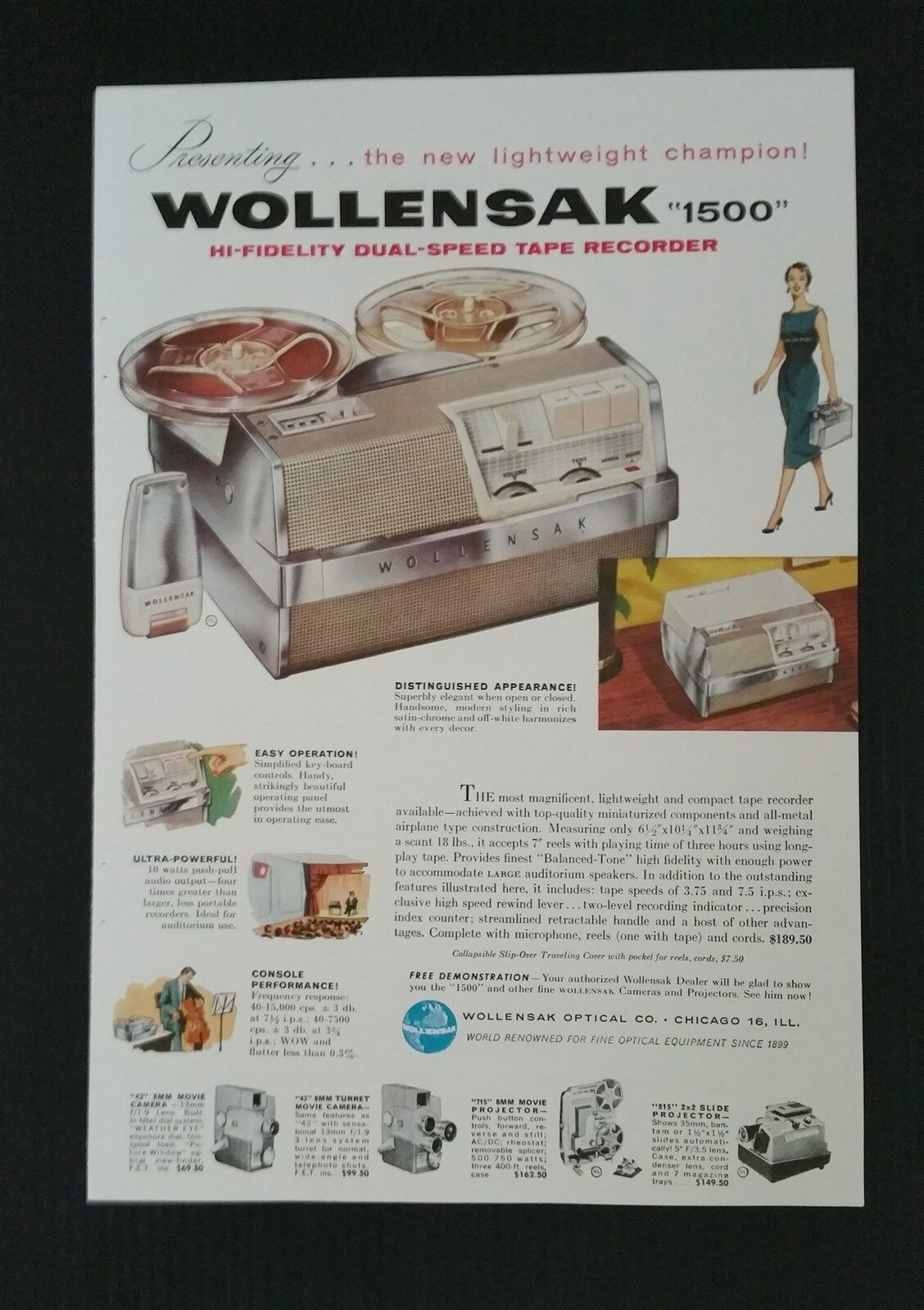 Vintage 1957 Wollensak Hi-Fidelity Tape Recorder - Full Page Original Color Ad