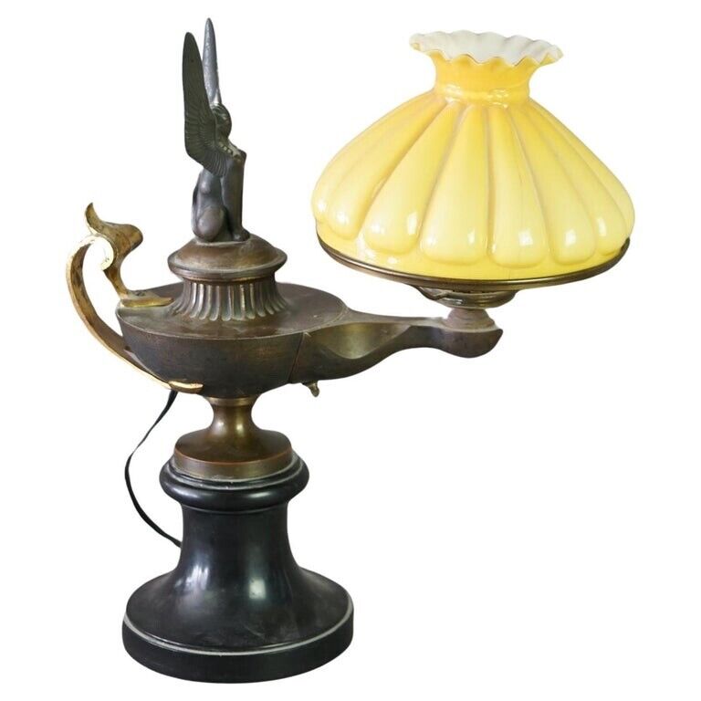 Antique Egyptian Revival Aladdin Form Figural Phoenix Desk Lamp, Early 20thC