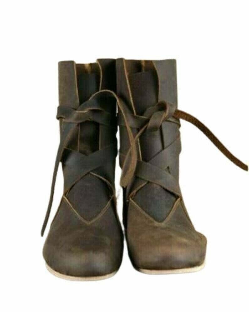 MEDIEVAL LEATHER BOOTS Renaissance footwear viking shoe mens Brown long D01/04