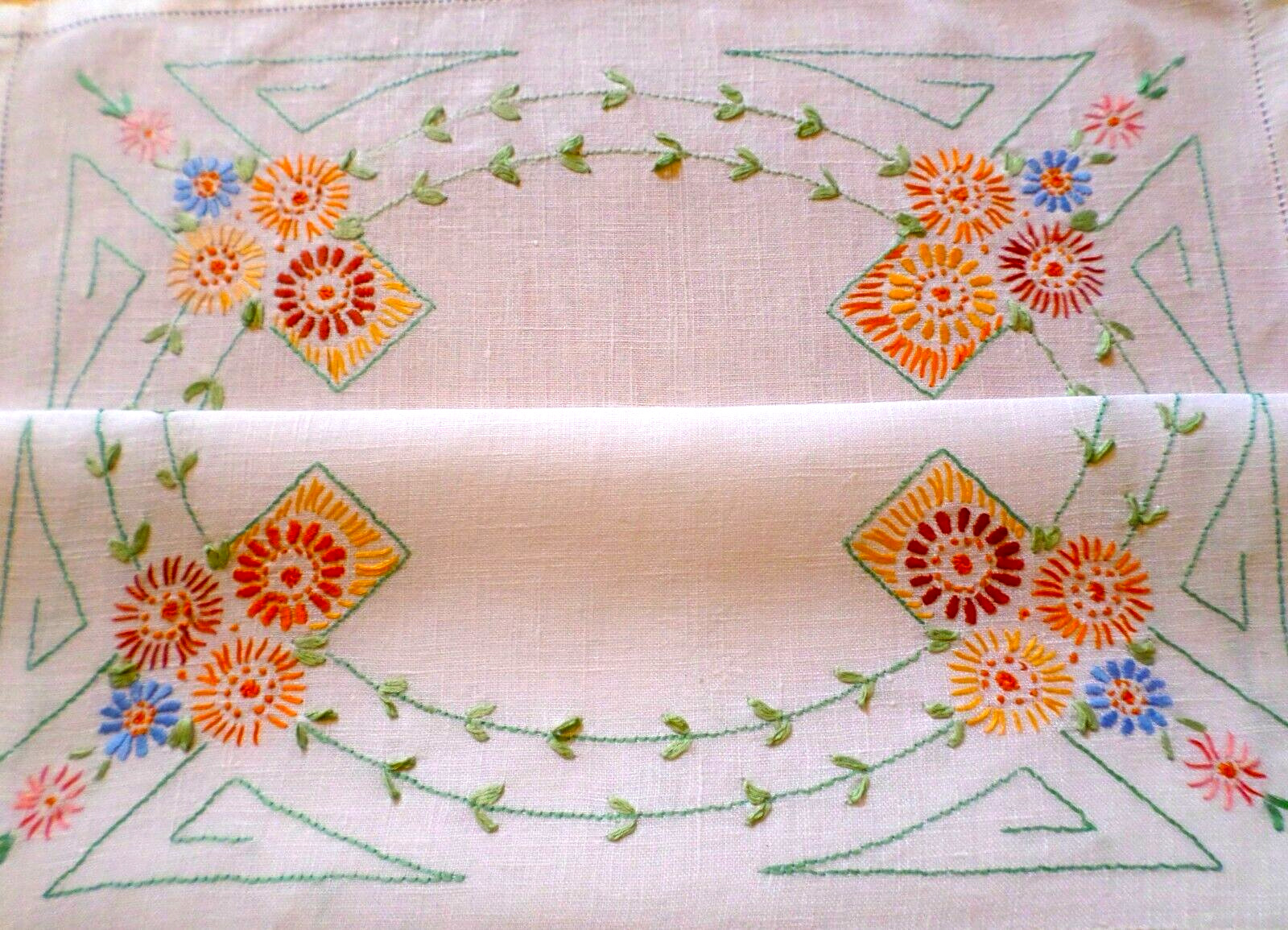 Large VINTAGE Hand Embroidered FLORAL Tray Cloth LINEN Foliage COTTAGECORE