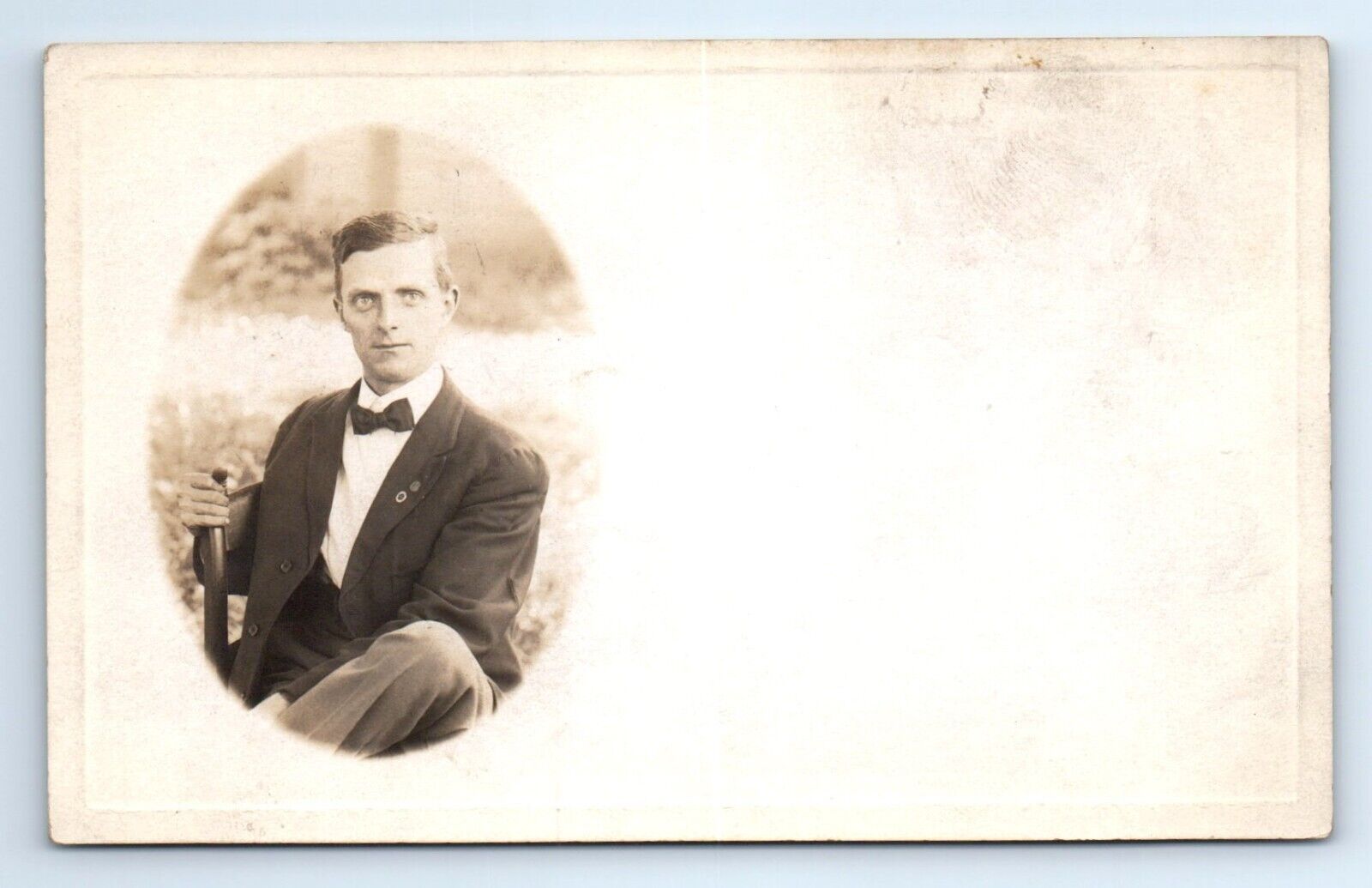Handsome Hunky Young Man Bow Tie Suit Seated Early RPPC Postcard c.1910