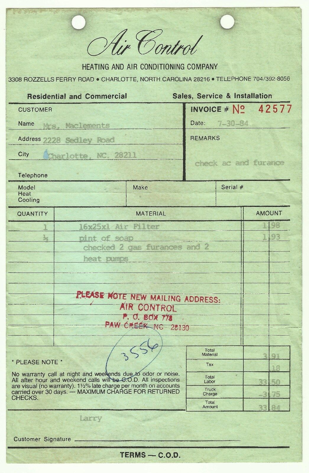 1984 invoice Air Control Heating & Air Conditioning ac business Charlotte NC