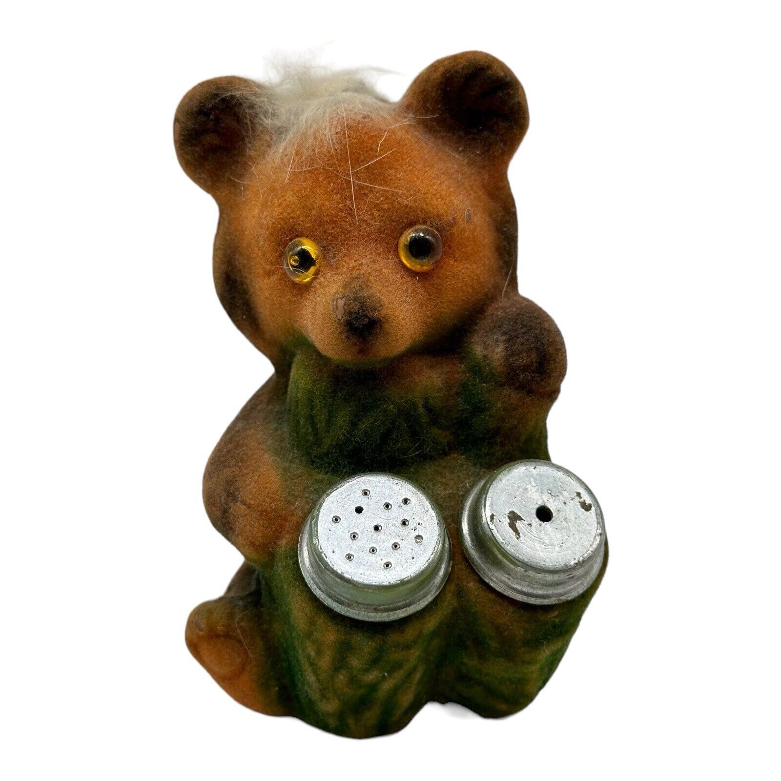 Vintage Flocked Brown Bear Cub Hugging Tree Salt and Pepper Shaker Set 4.5” Tall