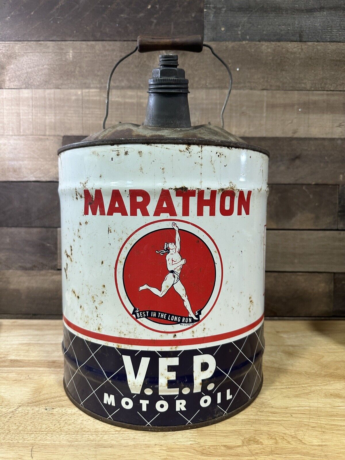 Vintage 5 Gallon Marathon V.E.P. Motor Oil Heavy Duty Can