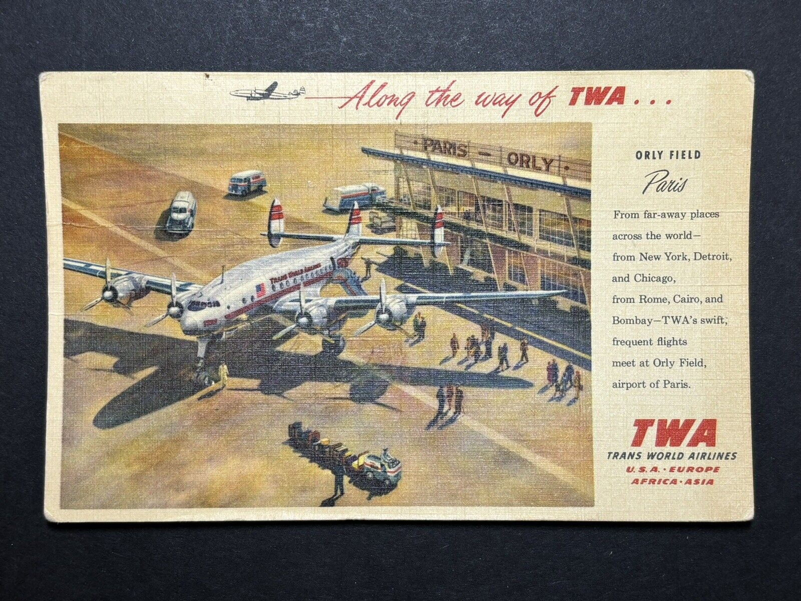 Vintage POSTCARD: 1957 TWA - Orly Field Paris France - Trans World Airlines