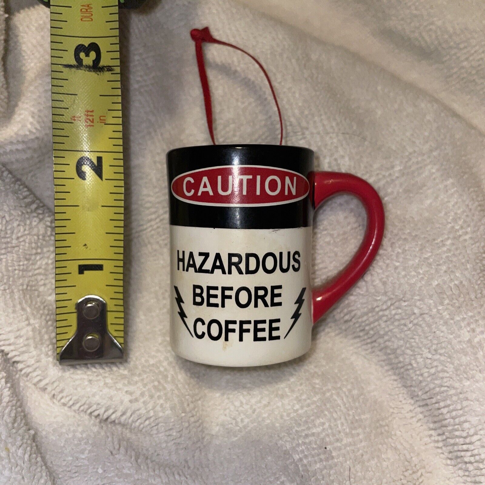 Vintage Hallmark 2” Resin Coffee Cup Ornament Caution Hazardous Before Coffee