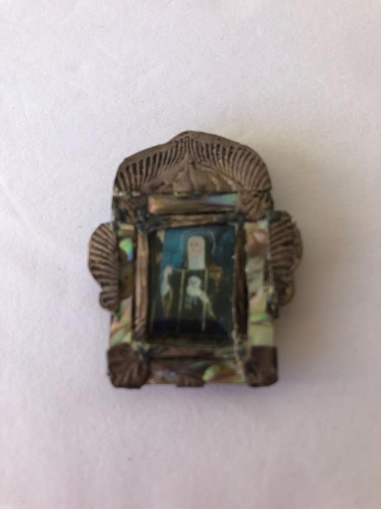 Vintage Mexican Silver MINI Pendant  Frame Brooch Diorama Saint abalone inlay